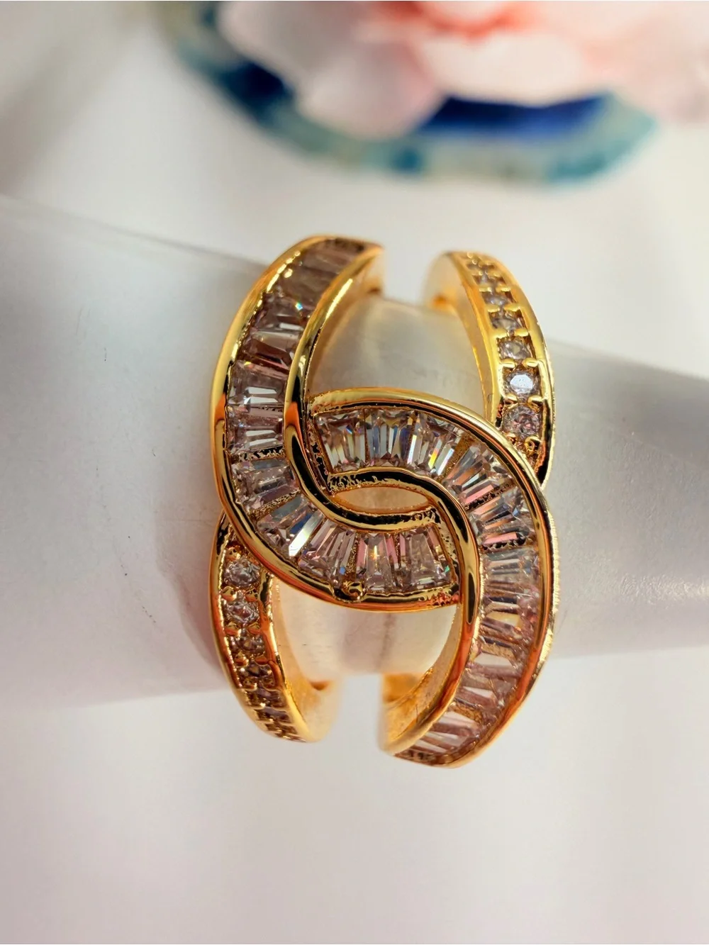 Gold-Tone Pink Baguette Crystal Wave Ring